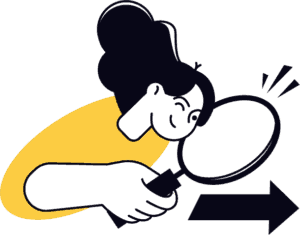 A woman with a magnifying glass does a web search for a local business.