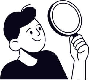 A man with a magnifying glass is in search of powerful keywords.