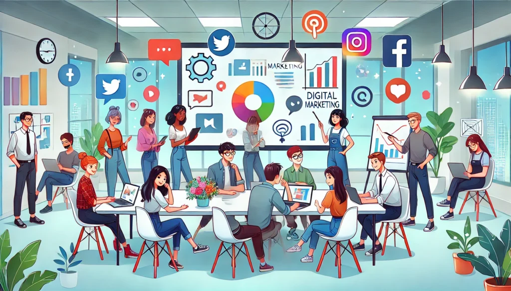 Anime-Illustration von vielfältigen Unternehmern, die in einem modernen Co-Working-Space digitale Marketingstrategien an einem digitalen Bildschirm planen.