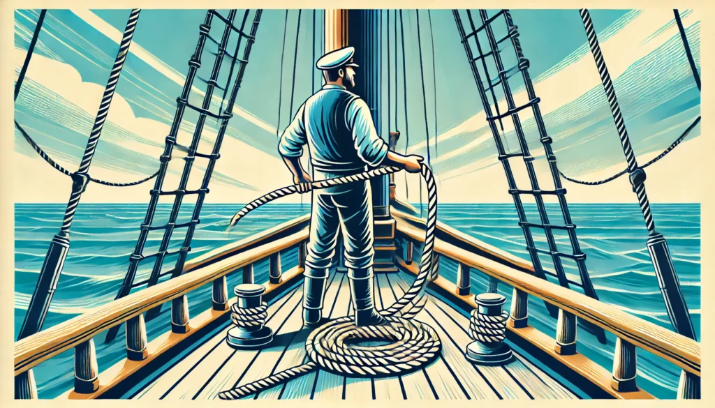 Eine lebendige Vektorillustration im MUTI-Design-Stil zeigt einen Matrosen, der auf einem Schiffskiel einen Seilknoten bindet. Perfekt zur Darstellung von Strategien wie Linkbuilding Schweiz