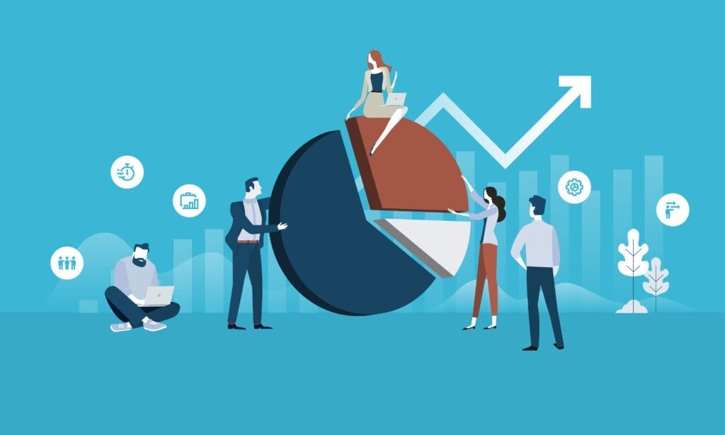 Team analysiert E-Commerce-Umsatzdiagramme und Marktanteile - passend zu E-Commerce-Webdesign in der Schweiz