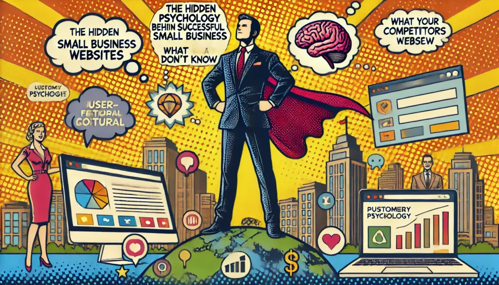 Pop art style image of a small business owner holding a brain symbol, standing over a digital landscape with key website elements, symbolizing the strategic use of psychological insights for website success.