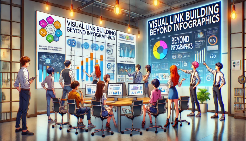 Anime-Stil-Büro mit digitalen Bildschirmen, die visuelle Linkbuilding-Techniken präsentieren.