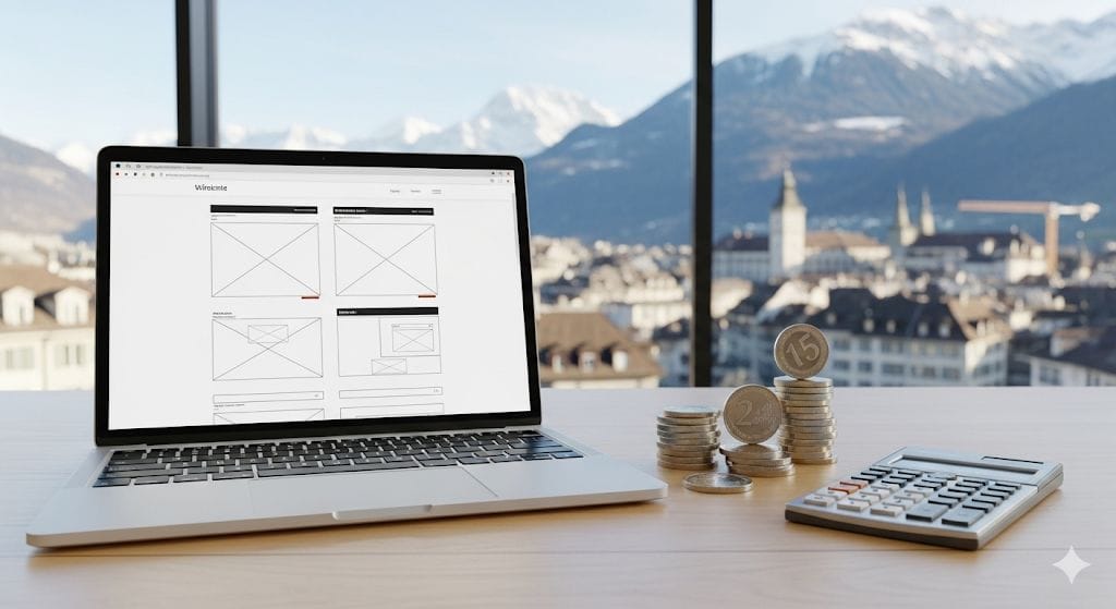 A laptop showing a website wireframe on a desk with Swiss franc coins, illustrating the planning and cost of website development in Switzerland for 2025.