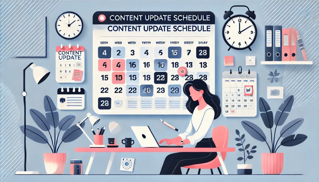 Woman planning a content update schedule using a laptop and calendar.