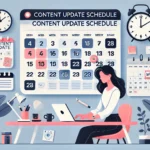 Woman planning a content update schedule using a laptop and calendar.