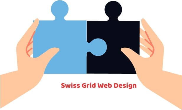 Man connecting puzzle pieces representing the Swiss Grid in web design, symbolizing structure and harmony in modern layouts