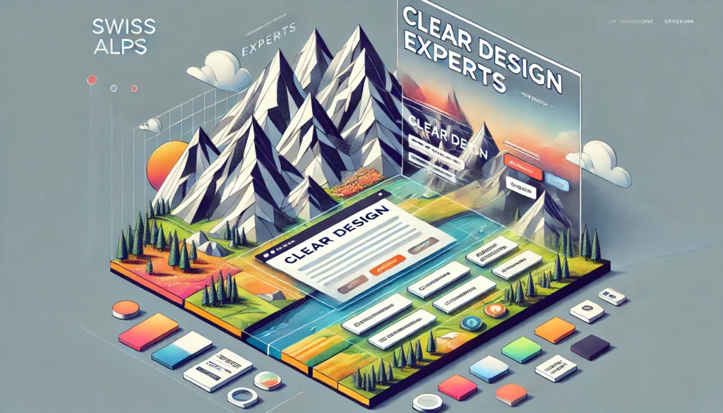 Isometric wide vector illustration of Swiss tourism website design showcasing the majestic Alps, vibrant geometric elements, and a modern booking interface by Clear Design Experts."