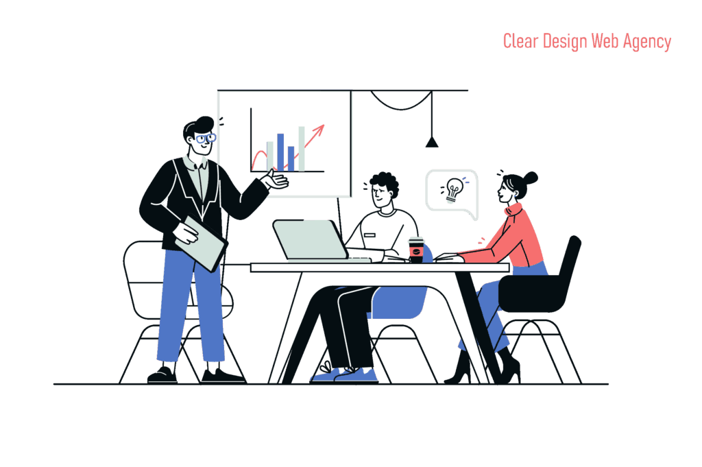 Team der Clear Design Experts Webdesign Agentur bei der Zusammenarbeit an Webdesign-Strategien, mit besonderen Angeboten wie kostenloser Pressemitteilungsverbreitung und der Erstellung einer Datenschutzseite.