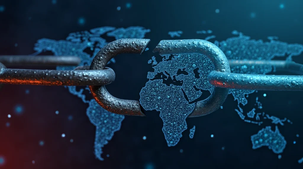 Broken chain link overlaying a digital world map with banking icons, symbolizing broken link building for international banking SEO.