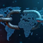 Broken chain link overlaying a digital world map with banking icons, symbolizing broken link building for international banking SEO.