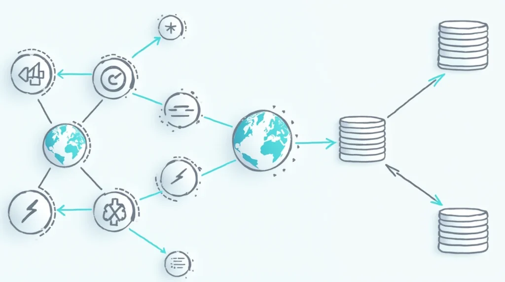 A visual representation of data flowing through a complex network or flowchart representing Google Ranking Algorithm