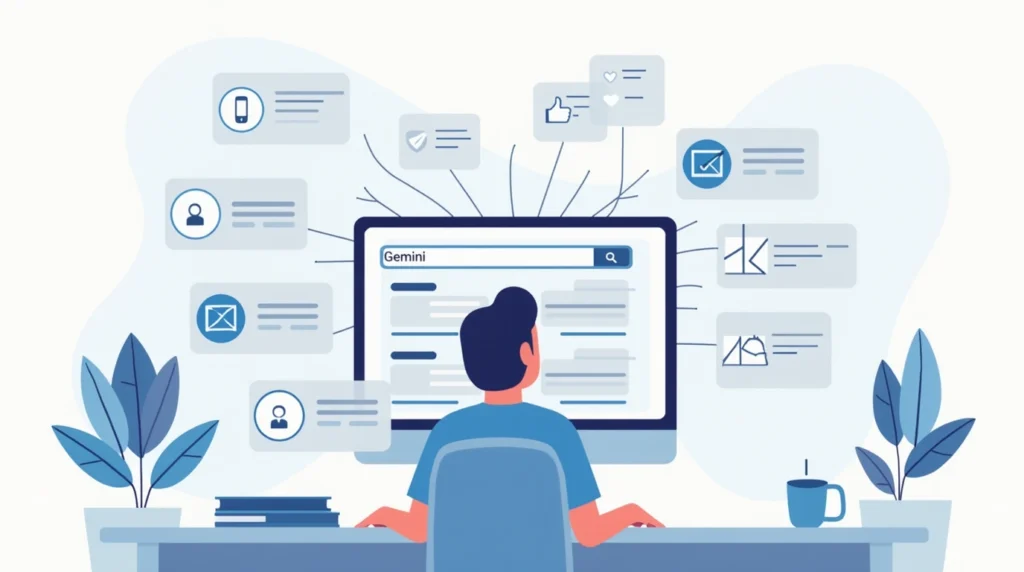 User interacting with an AI-powered Gemini interface on a computer displaying Google search results with quality icons.