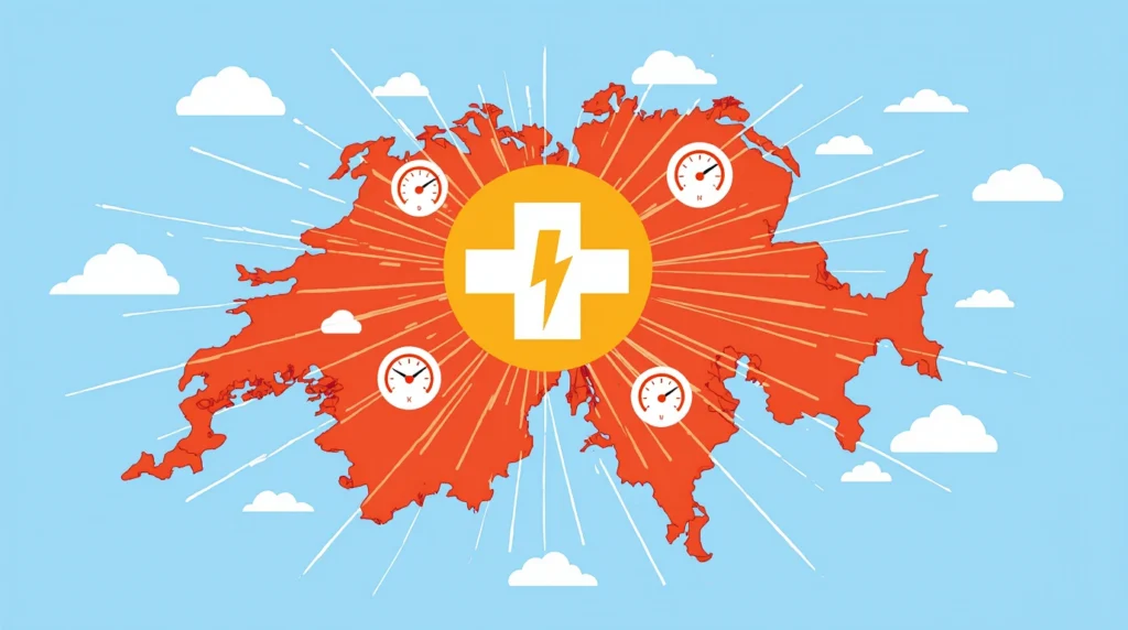 Stylized Switzerland map with Zurich, Geneva, and Basel highlighted, connected by lightning-fast page-speed lines to a web server