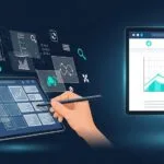 Professionelles Webdesign für KMU, mit Hand, die auf einem Tablet einen digitalen Arbeitsbereich mit Website-Elementen und Analysedaten bedient, daneben ein Monitor mit einer Website, die eine positive Wachstumskurve zeigt. Repräsentiert erschwingliche Webdesign-Lösungen und digitale Geschäftsstrategie.