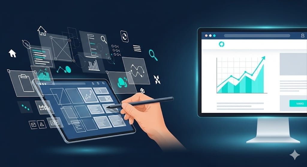 Professionelles Webdesign für KMU, mit Hand, die auf einem Tablet einen digitalen Arbeitsbereich mit Website-Elementen und Analysedaten bedient, daneben ein Monitor mit einer Website, die eine positive Wachstumskurve zeigt. Repräsentiert erschwingliche Webdesign-Lösungen und digitale Geschäftsstrategie.