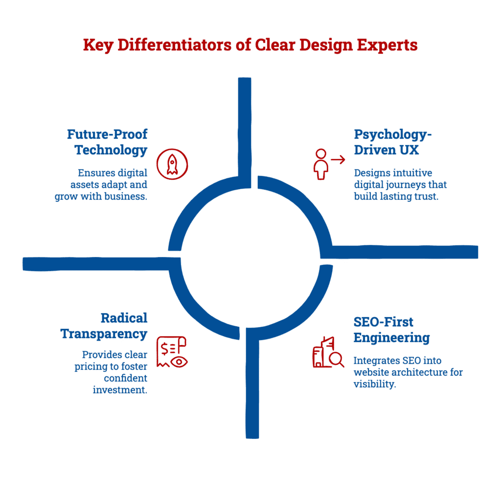 Infographic showcasing The Clear Design Experts Difference in Swiss Web Design. Highlights include future-proof technology, transparent pricing, psychology-driven user experience, and SEO-first engineering for strong visibility on Google.ch.