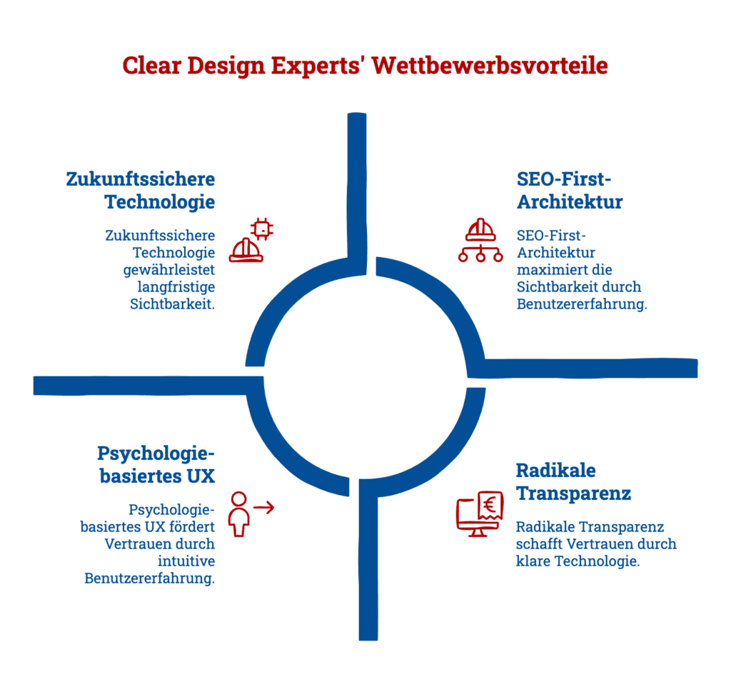 Infografik zum Clear Design Experts Unterschied im Webdesign Schweiz. Fokus auf zukunftssichere Technologie, transparente Preise, psychologie-basiertes UX und SEO-First-Architektur für nachhaltige Sichtbarkeit auf Google.ch.