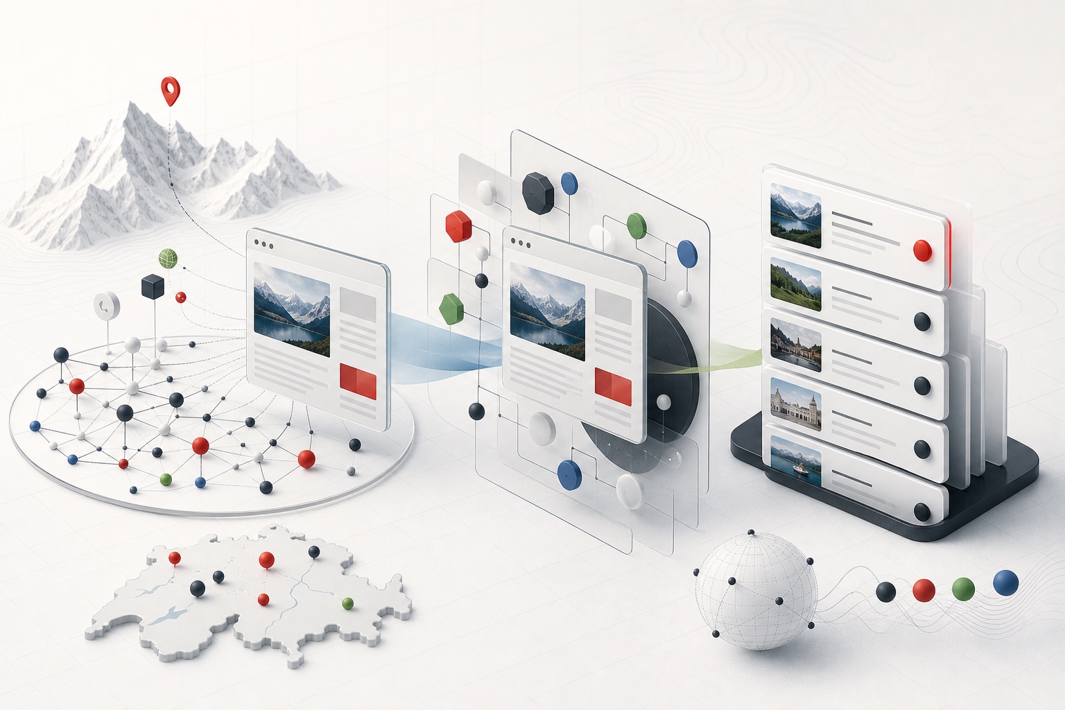 Modern illustration of discovery, understanding and ranking stages for a Swiss website