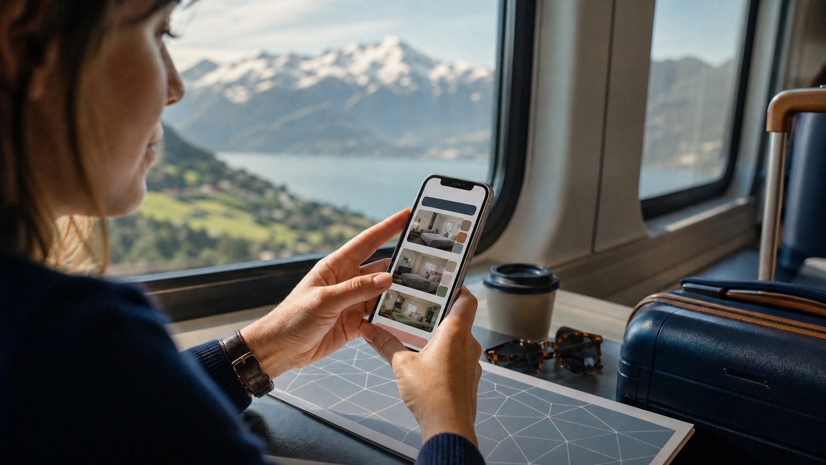 Traveller comparing hotel room options on a text-free mobile booking interface