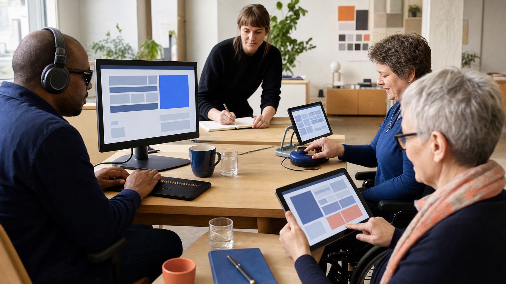 Inclusive website research session with screen reader, adaptive switch and enlarged tablet interface