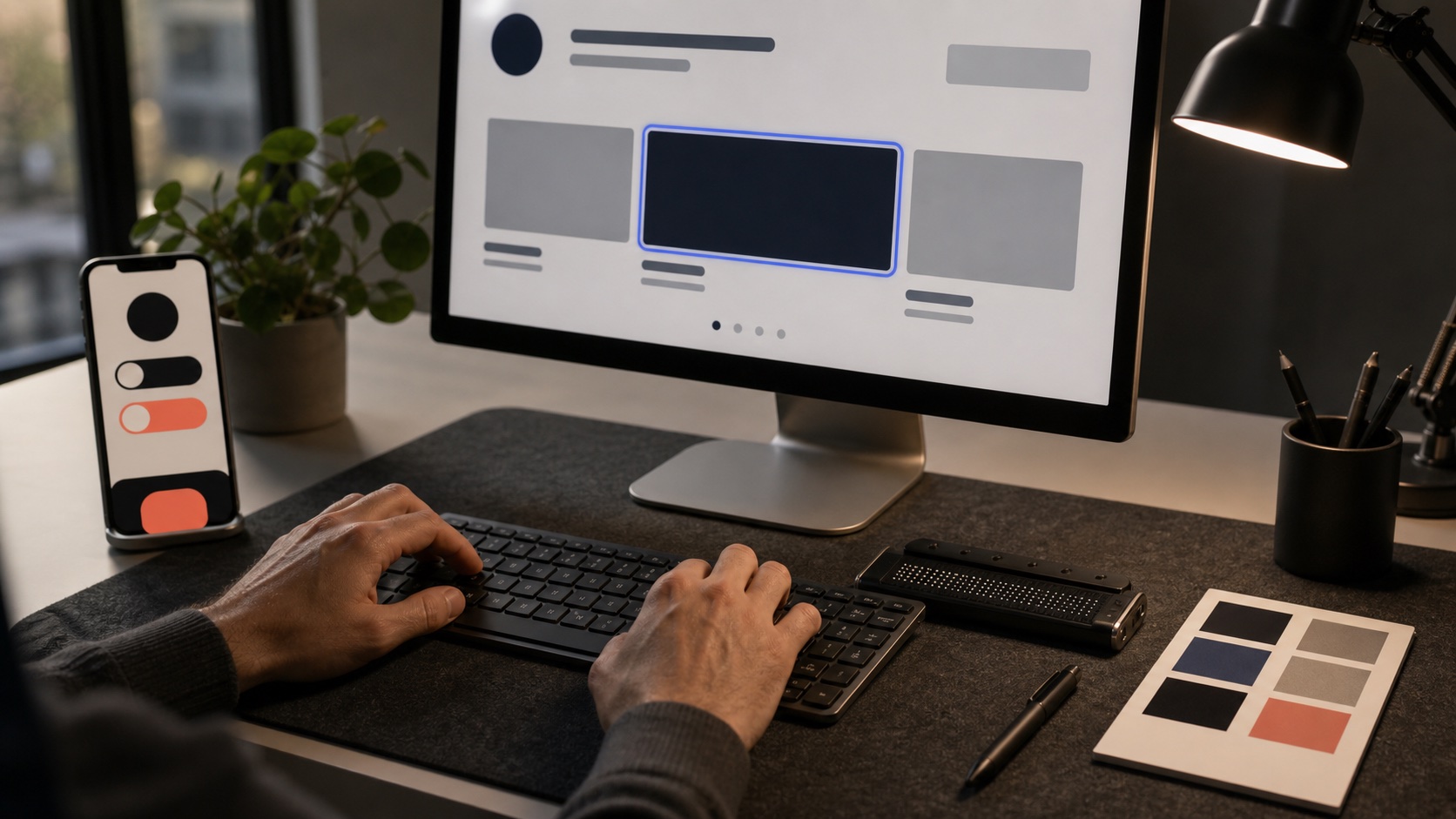 Keyboard-only accessibility testing with visible focus, enlarged mobile controls and braille display